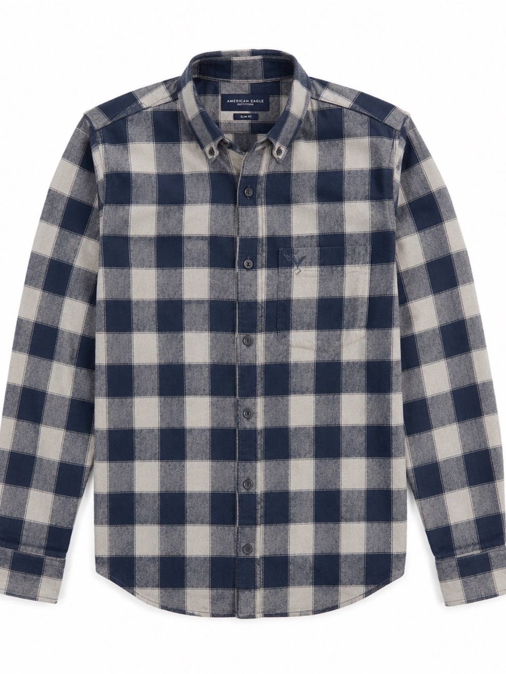 American Eagle Men’s Blue Gray Plaid Button Up Shirt Slim Fit Flannel L